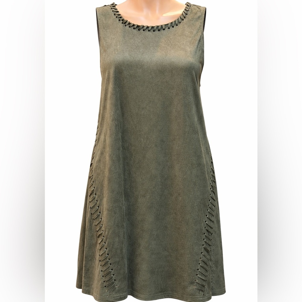 The Impeccable Pig Olive Cotton Blend Shift Dress Braided Cutout Boho M